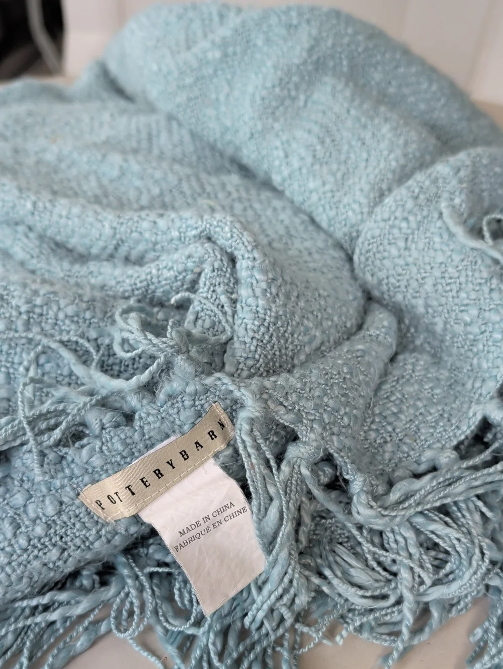Pottery Barn Light Aqua Teal Fringe Throw Blanket 50x60